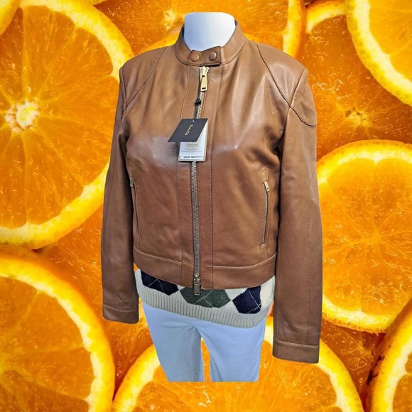 NWT Massimo Dutti Tan‎ Leather Motorcycle Jacket 4702 Small - Picture 4 of 12